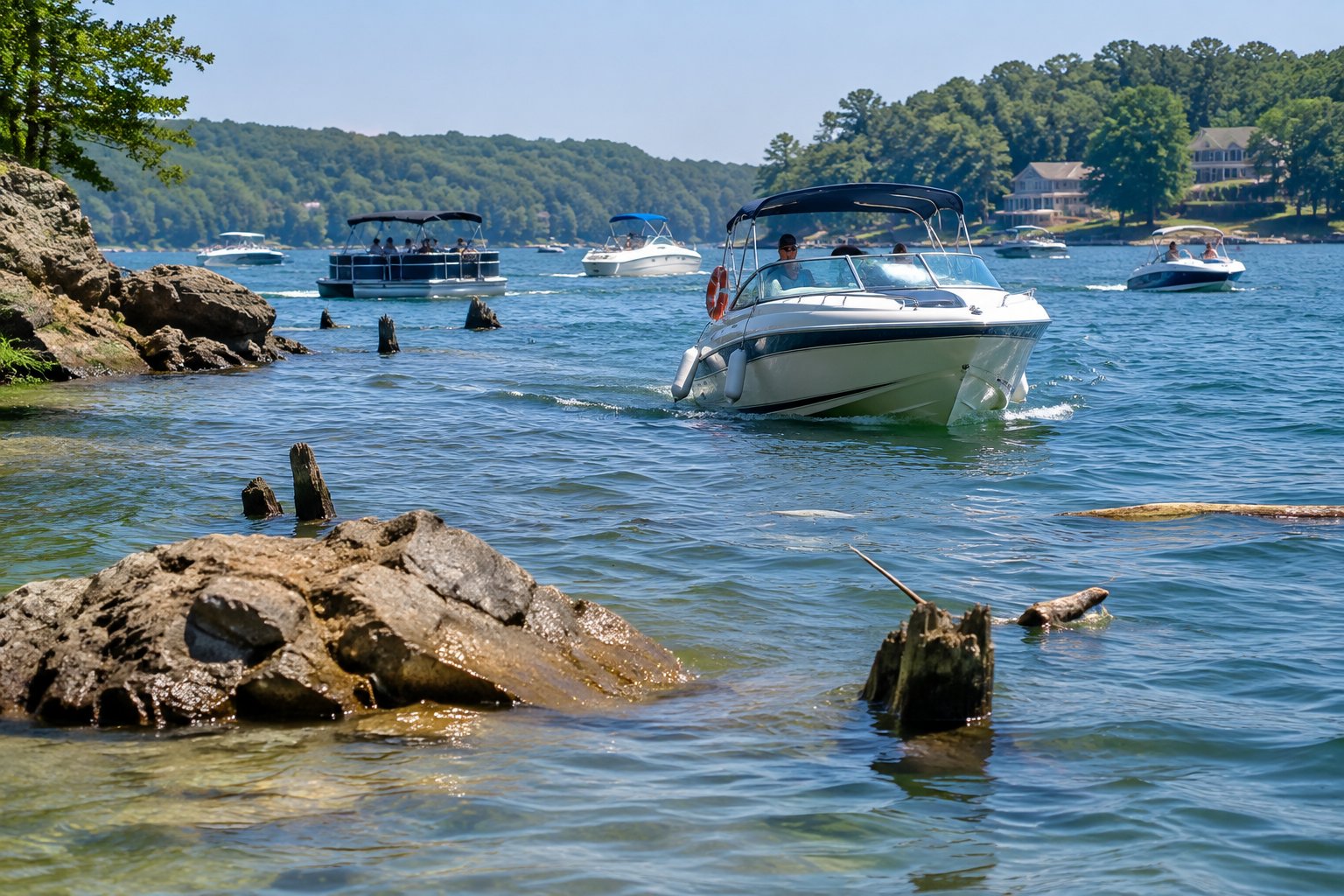 Boats carefully navigating around rocks and submerged obstacles on a busy lake.