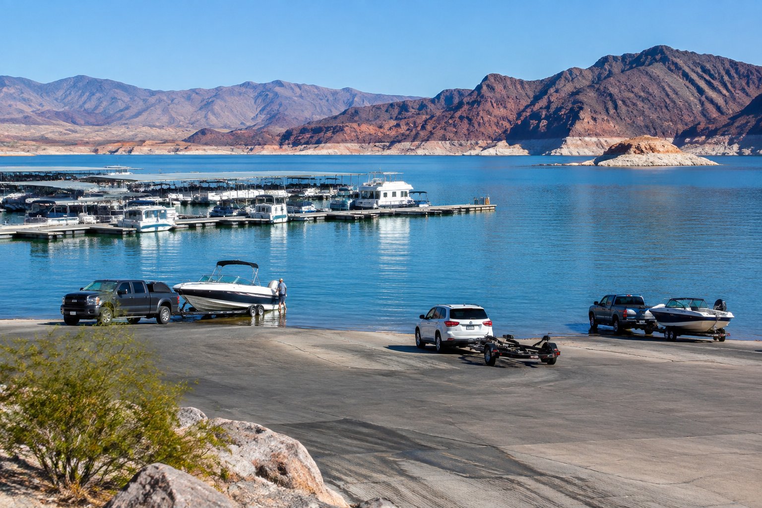 Boats and vehicles gather at a Lake Mead launch ramp beside the desert reservoir.
