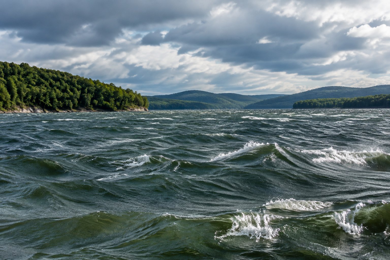 Choppy, whitecapped water on the Lake of the Ozarks beneath a cloudy sky and wooded hills.