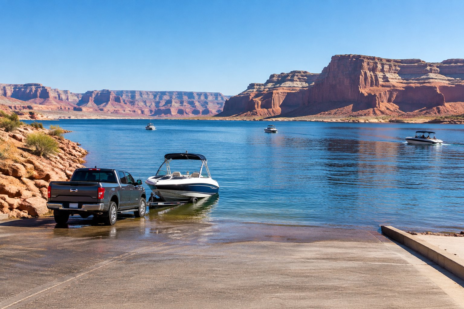 A boat launch ramp leading into Lake Powell, with a motorboat, red canyon cliffs, and calm blue water.