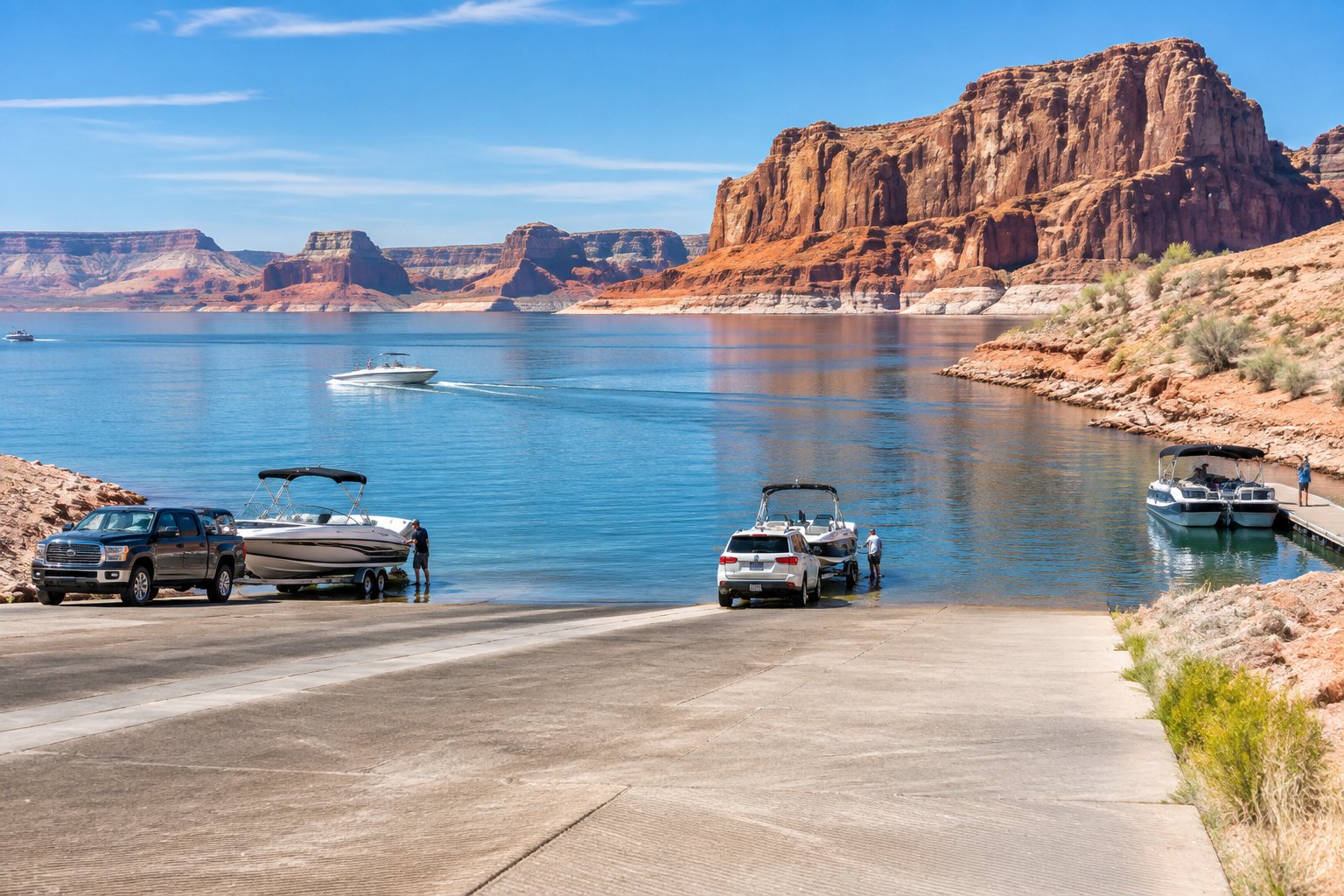 Open boat ramps lead into Lake Powell, with boats, blue water, and red sandstone cliffs in the background.