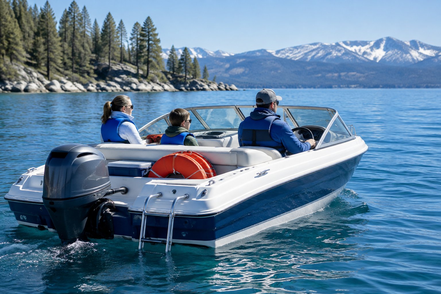 People wearing life jackets ride a motorboat on Lake Tahoe.