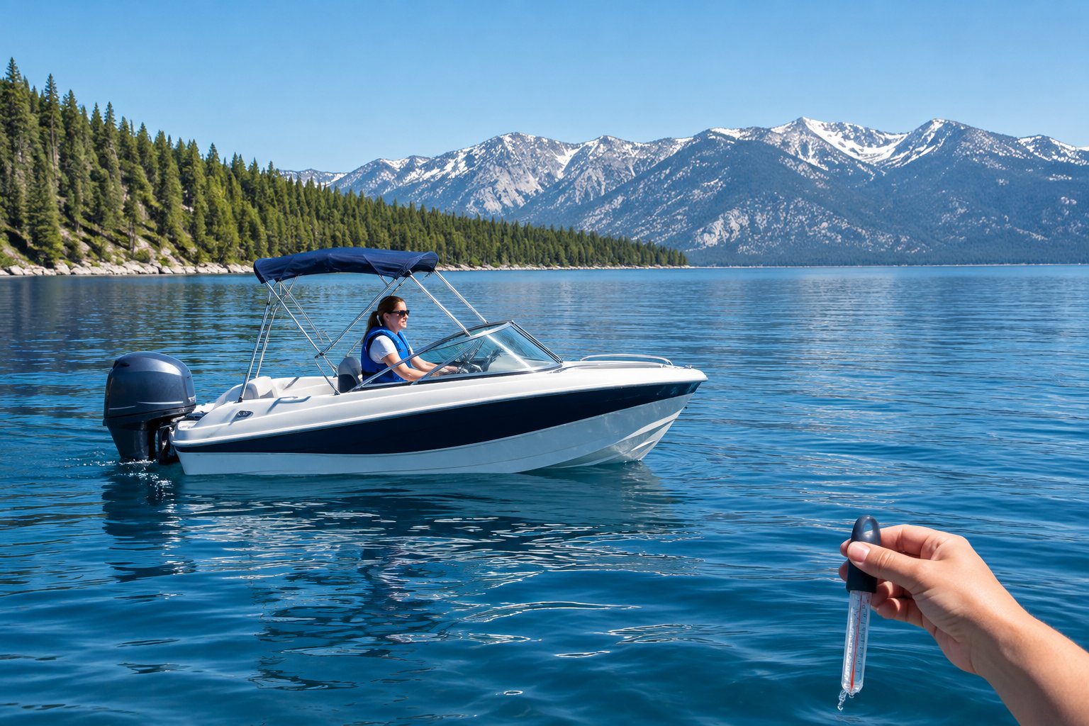 A life-jacketed person in a small boat on Lake Tahoe with a water thermometer near the surface.