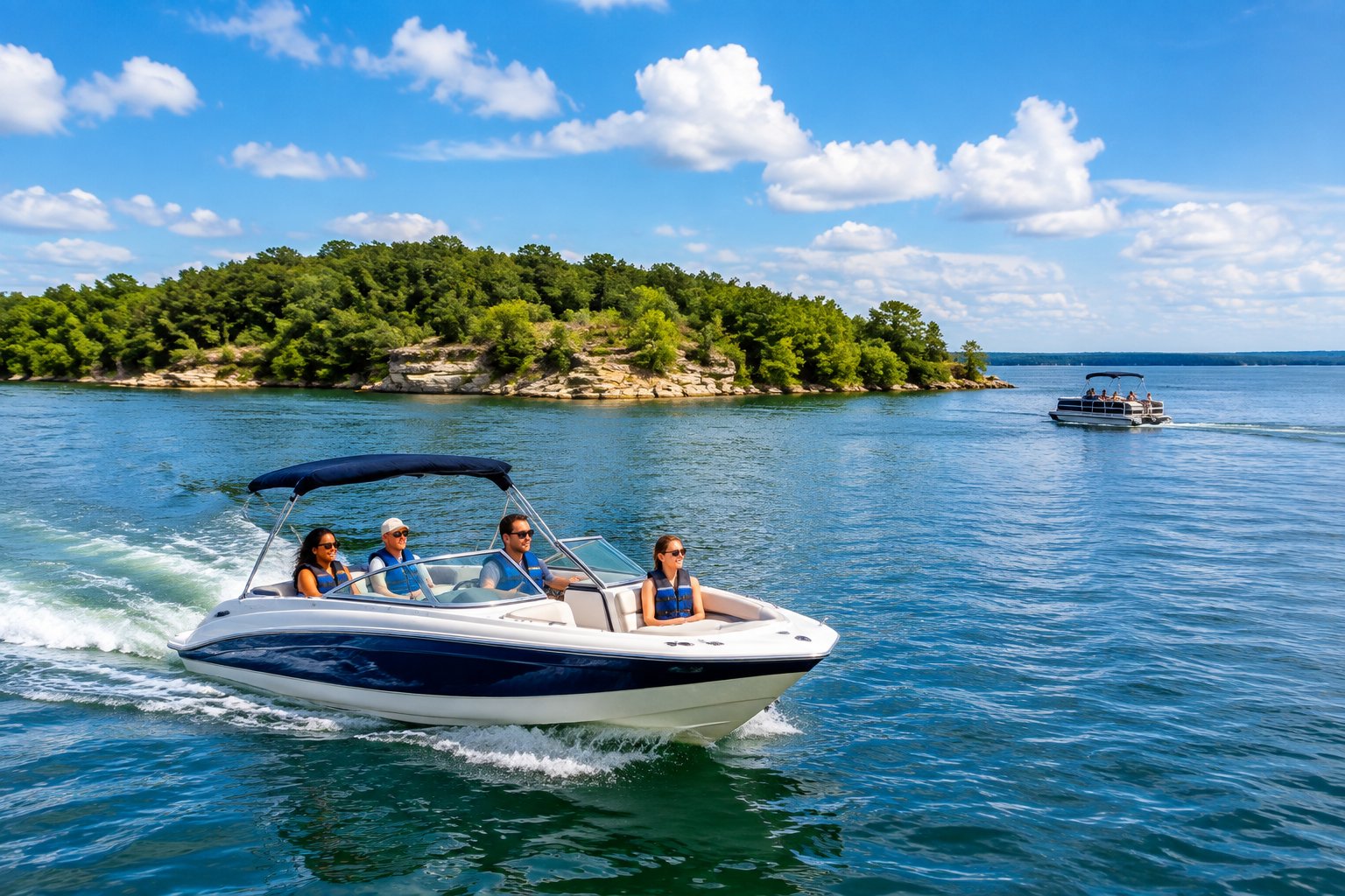 A motorboat carrying people cruises across Lake Texoma near a tree-covered island on a sunny day.